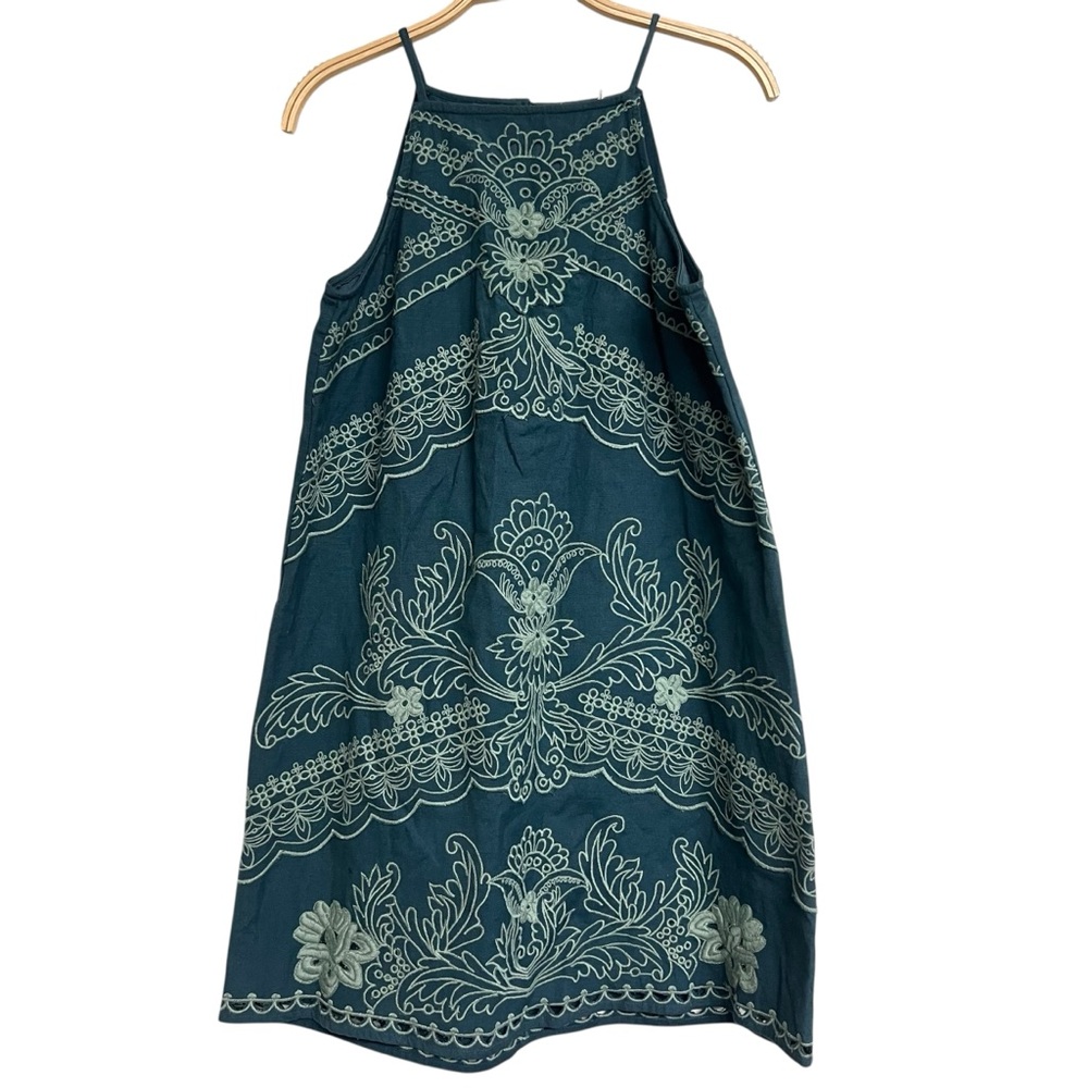 Anthropologie Teal Dress with Light Mint Embroidery